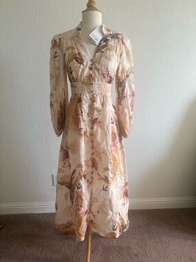 Zimmermann Ascension Plunge Cream Floral Midi Dress BNWT Size 0P